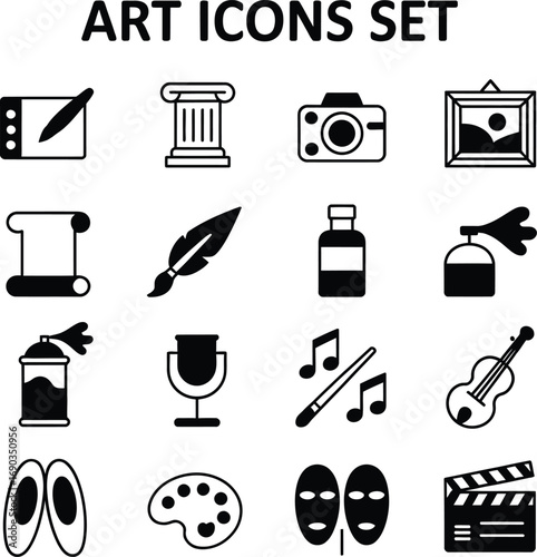 (190): Art Icons Set – Black and White Vector Illustrations of Visual Arts, Music, Theater, Film, and Creative Tools