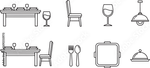 Dining Table Setting with Chairs Glasses and Utensils Icon Set vector illustration