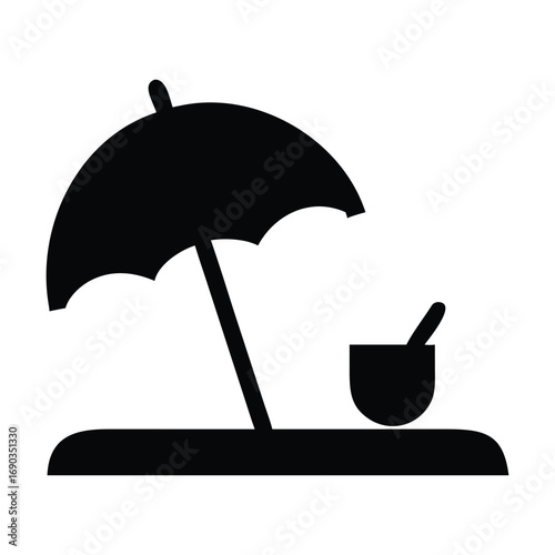 Black vector icon of umbrella and mortar on beach