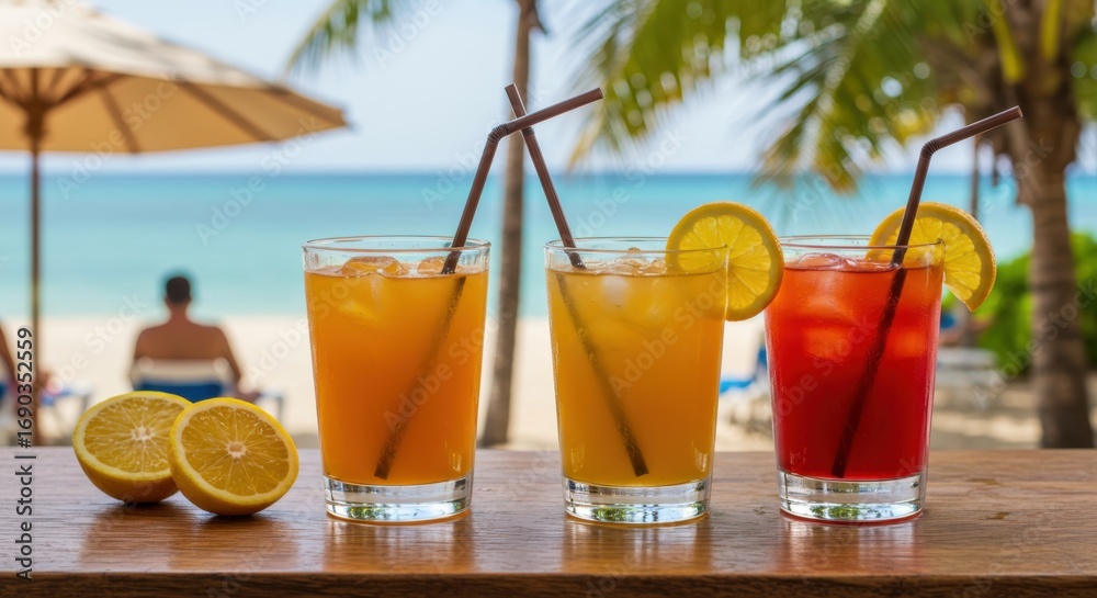 Fototapeta premium Tropical Summer Cocktails on Beach Bar with Palm Trees – Refreshing Holiday Drinks 