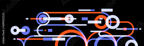 Geometric background with circles and lines vector art, abstract composition technical plan, flat minimal techno system.