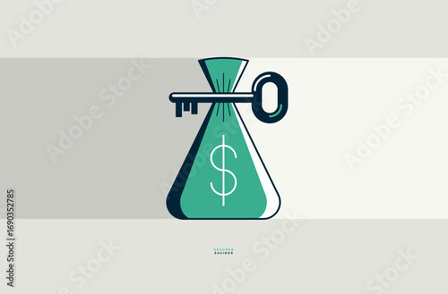Money bags with key secured savings concept poster, vector icon style illustration of a moneybags with a turnkey, financial safety metaphor, personal finance protection