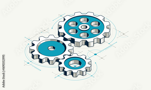 Mechanical engineering concept, gears and cogs with project drawing draft isometric 3D vector illustration, cogwheels system technology and technics machinery engine.