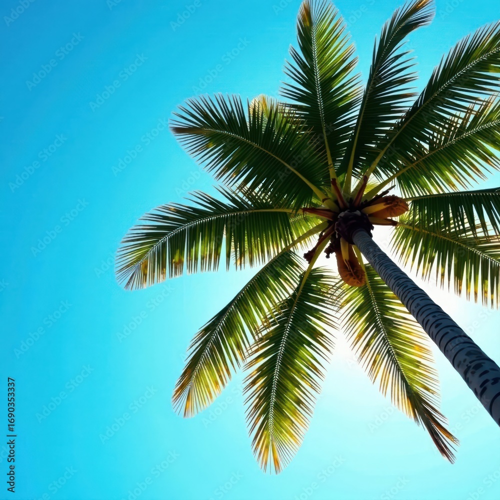 Fototapeta premium Tall palm tree against vibrant blue sky, sunlit leaves , palm tree, stock, image