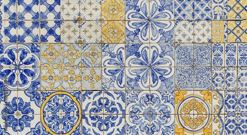 Traditional ceramic tiles in blue and yellow offer a glimpse into ornate design traditions