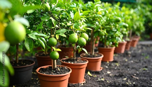 Row of potted lemon trees in the garden