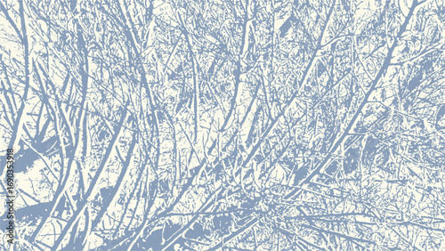 Vector abstract dirty grunge background with tree branches chaotic tangled in winter with snow on it.