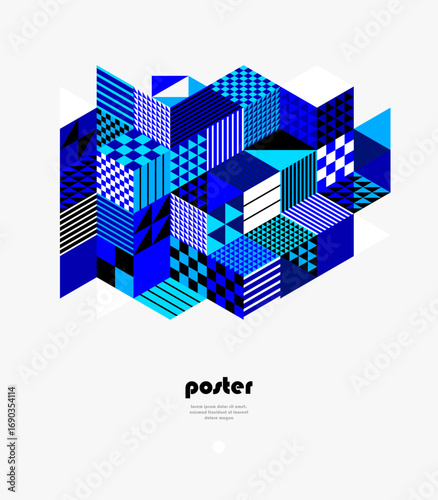 Abstract vector wallpaper with 3D isometric cubes blocks, geometric construction with blocks shapes and forms, op art low poly theme.
