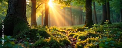 Serene woodland scene at golden hour, sunlight dappling through leaves onto a moss-covered forest floor Perfect for nature, tranquility, and environmental themes , natural, landscape