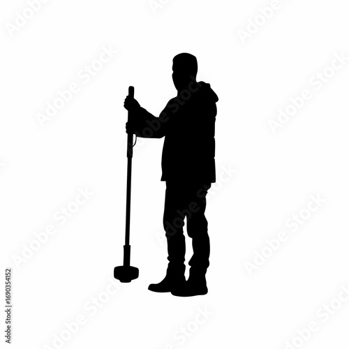Structural engineer silhouette testing soil stability with rod isolated on white background
