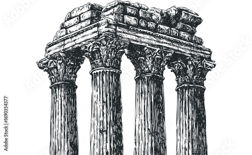 Sketch of ancient stone temple ruins with Corinthian columns. Vector hand drawn illustration