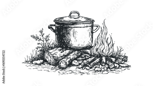 Camp cooking pot over campfire on logs sketch. Vector hand drawn illustration