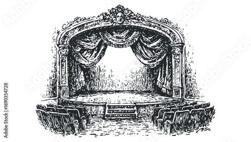 Vintage Theater Stage with Drapes and Seating, Ink Sketch. Vector hand drawn illustration