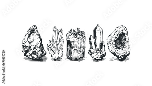 Line art collection of assorted raw mineral rock formations on transparent background. Vector hand drawn illustration