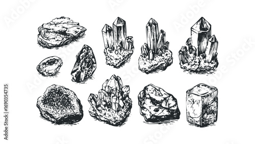 Collection of diverse mineral rock formations and crystals on transparent background. Vector hand drawn illustration