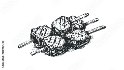 Grilled meat skewers on sticks. Vector hand drawn illustration