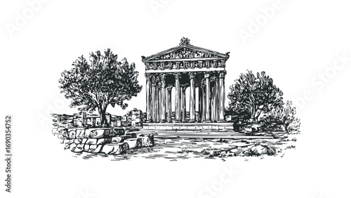 Line art sketch of ancient classical temple ruins with trees and stone debris. Vector hand drawn illustration