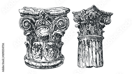 Ancient Corinthian Capital Architectural Elements. Vector hand drawn illustration