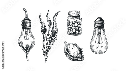 Hand drawn antique incandescent light bulbs and botanical specimen. Vector hand drawn illustration