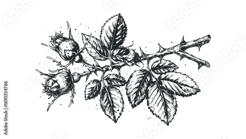Monochrome sketch of rosehip branch with berries and leaves on transparent background. Vector hand drawn illustration