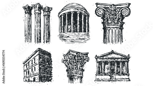 Collection of classical architectural elements on a transparent background. Vector hand drawn illustration