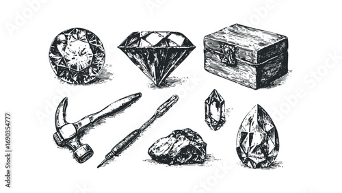 Collection of sketched gems, tools, and treasure chest on transparent background. Vector hand drawn illustration