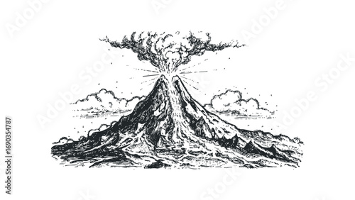 Volcano eruption with smoke and clouds, hand drawn engraving style. Vector hand drawn illustration