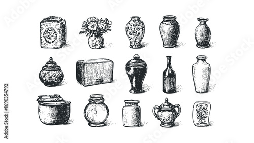 Collection of antique pottery and vases hand drawn on transparent background. Vector hand drawn illustration