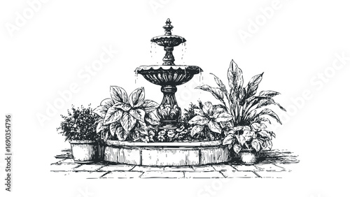 Vintage tiered fountain with lush potted plants on stone patio. Vector hand drawn illustration