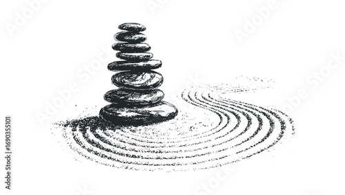 Zen stone stack with raked sand circle. Vector hand drawn illustration