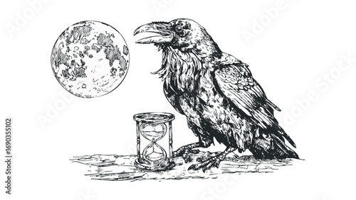 Detailed ink sketch of a raven perched next to an hourglass with a full moon in the background,. Vector hand drawn illustration