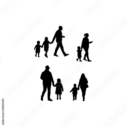 Four silhouette icons of families walking together, perfect for representing family values, togetherness, and parenting themes. The vector graphics are ideal for creative projects that emphasize relat