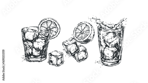 Hand drawn ice cold beverage in glass with lemon slice and cubes. Vector hand drawn illustration