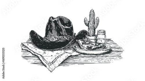Hand drawn cowboy hat with food and cactus on wooden table. Vector hand drawn illustration