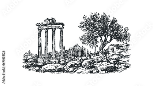 Ancient stone ruins with columns and a tree on a transparent background. Vector hand drawn illustration