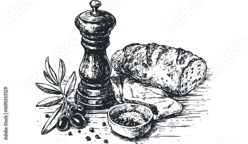 Sketch of rustic bread, olives, and pepper grinder on transparent. Vector hand drawn illustration