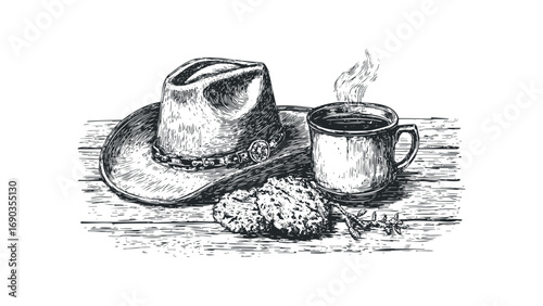 Sketches of a cowboy hat, steaming mug, and cookies on a wooden surface. Vector hand drawn illustration