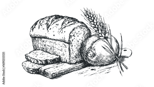 Hand Drawn Loaf of Bread Slices and Wheat Stalks. Vector hand drawn illustration