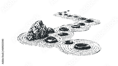 Ink sketch of rock garden with raked sand path and stones. Vector hand drawn illustration