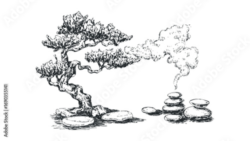 Hand drawn sketch of a bonsai tree with balanced stones and wisps of smoke on a transparent background. Vector hand drawn illustration