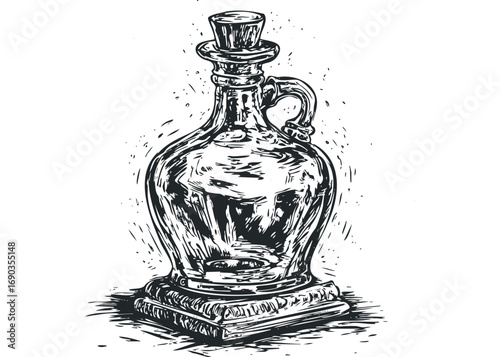 Vintage glass carafe with stopper and handle on square base woodcut style. Vector hand drawn illustration