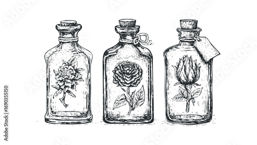 Three glass bottles with cork stoppers containing blooming flowers and leaves on a transparent. Vector hand drawn illustration