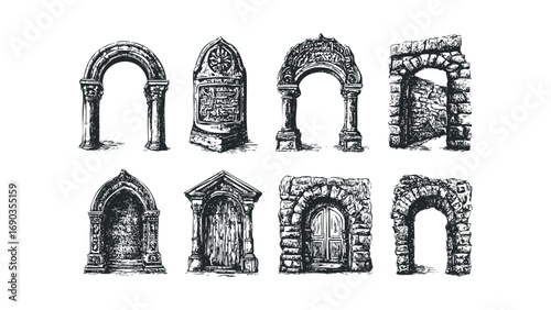 Collection of eight historical stone archway and entryway drawings. Vector hand drawn illustration