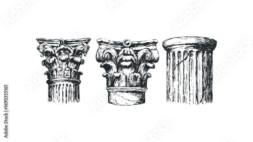 Antique Ionic and Corinthian column capitals drawing,. Vector hand drawn illustration