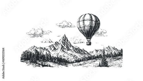 Hot air balloon floats over rugged mountain range with pine trees. Vector hand drawn illustration