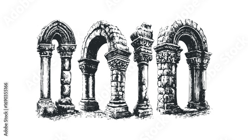 Sketch of Ancient Stone Archways and Columns on Transparent. Vector hand drawn illustration