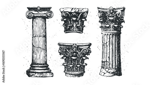 Ancient Greek column capitals and shafts on transparent background. Vector hand drawn illustration