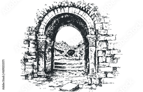 Ancient stone archway with distant ruins and stone bridge detail. Vector hand drawn illustration
