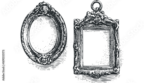 Vintage Oval and Rectangular Ornate Frames. Vector hand drawn illustration