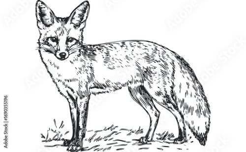 Sketch of a fox standing on grass. Vector hand drawn illustration